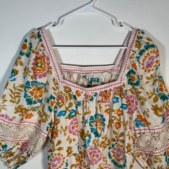 Christian Siriano Linen Boho Floral Peasant Blouse XL Embroidered & Puff Sleeves - Picture 3 of 8